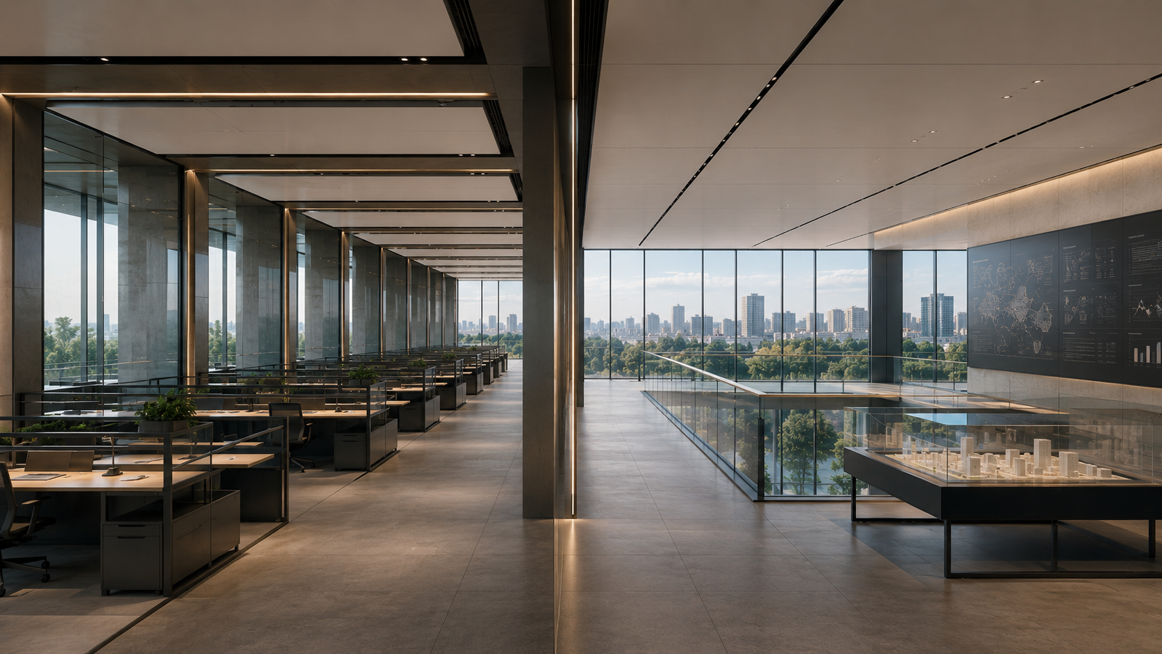 An open-plan executive floor: rows of desks on one side, an open interpretive gallery on the other.