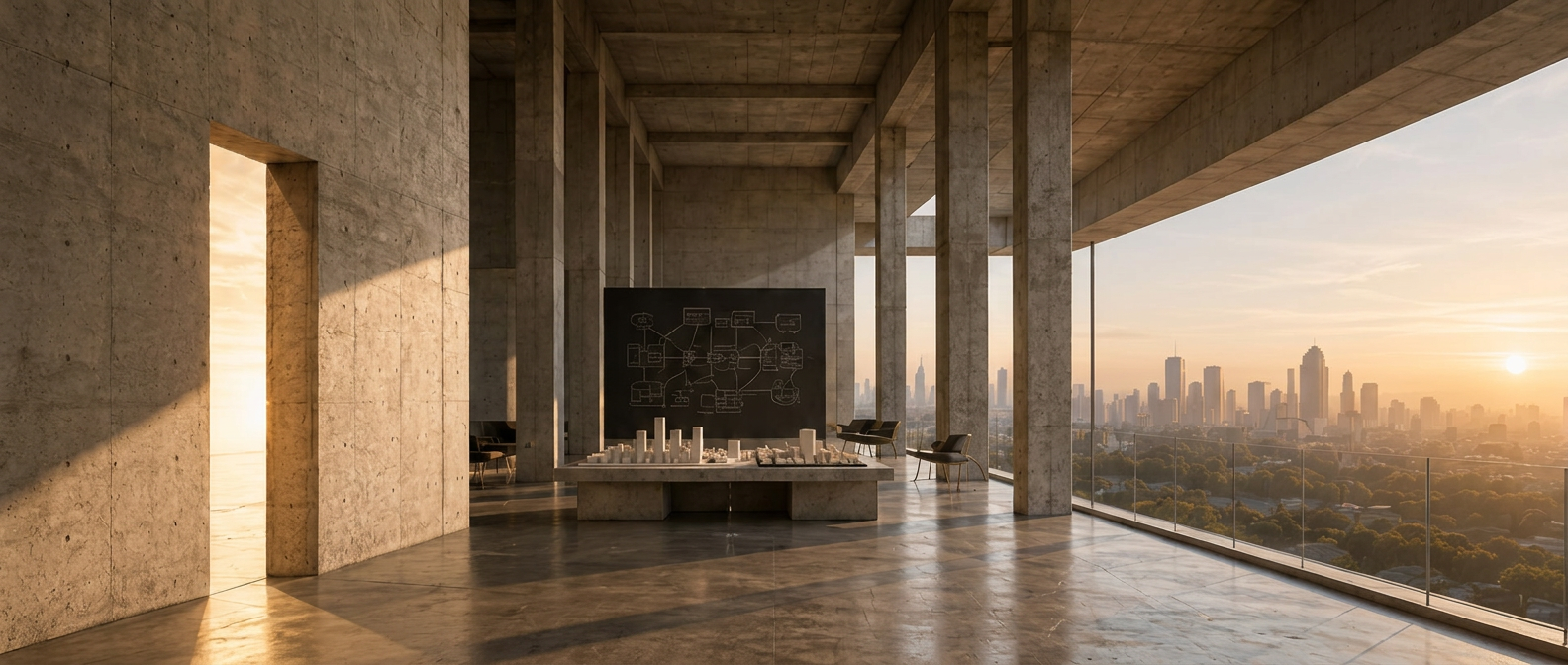 A continuous architectural panorama moving from an enclosed concrete portal, through a deep interpretive interior, to full-height glass opening onto a distant horizon.